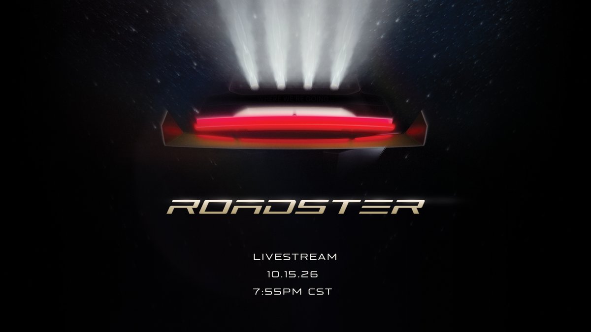 Roadster livestream card: 10.15.26 at 7:55 p.m. CST, four thruster plumes over a red light bar.